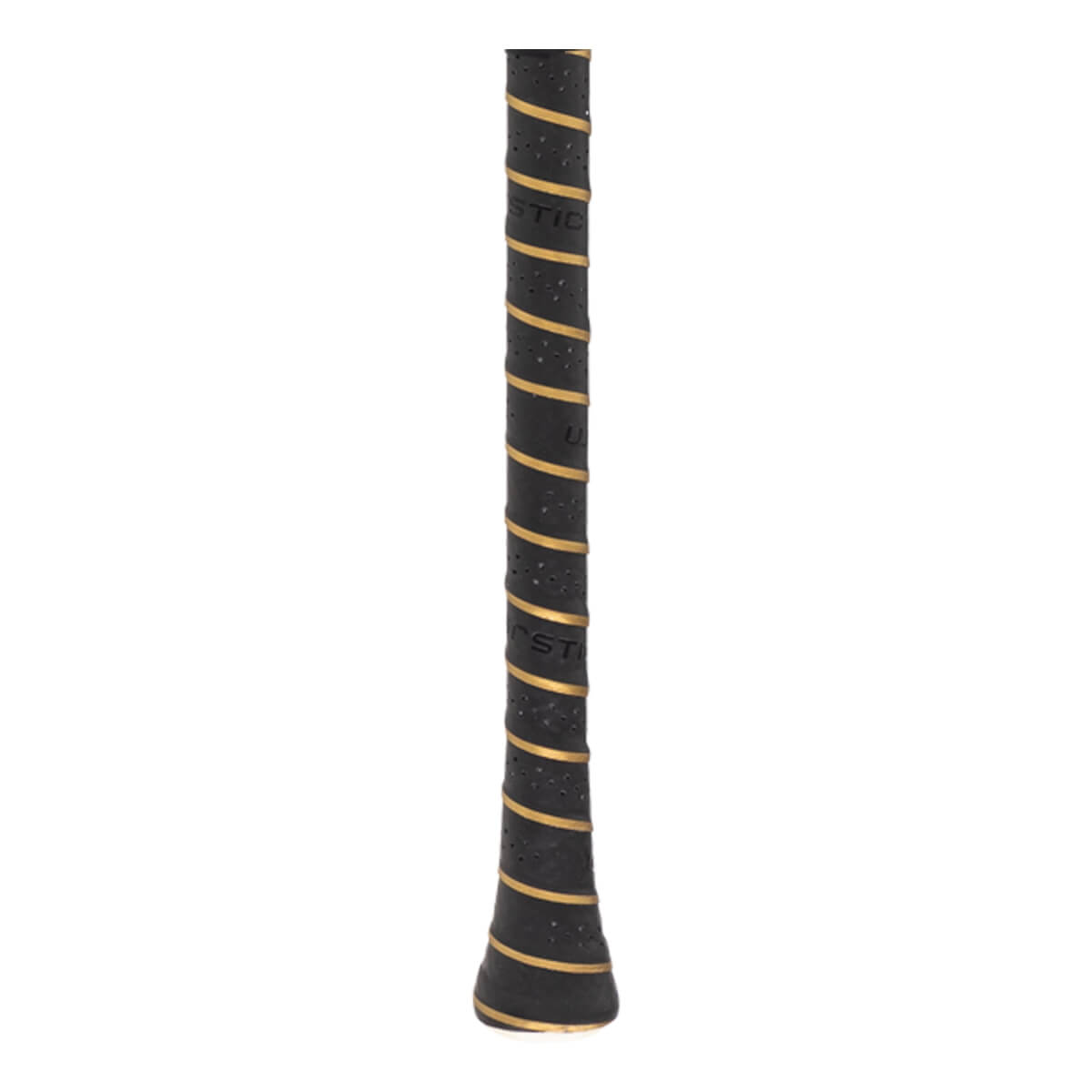 Close-up of a black baseball bat grip with gold spiral stripes, perforated texture, and visible WARSTIC branding.