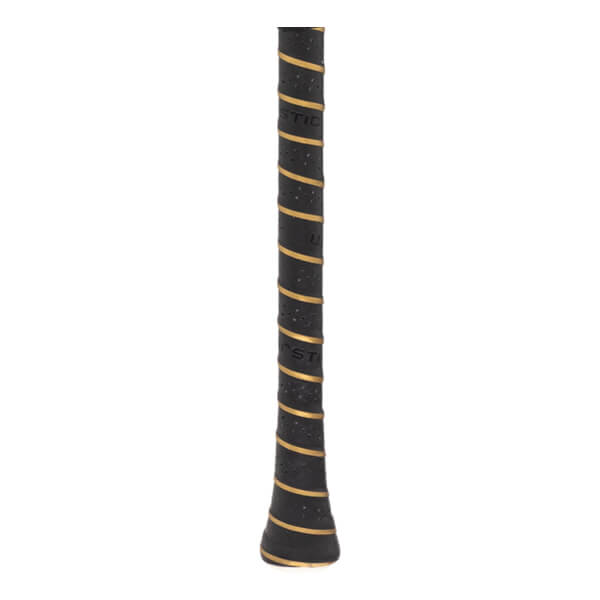 Close-up of a black baseball bat grip with gold spiral stripes, perforated texture, and visible WARSTIC branding.