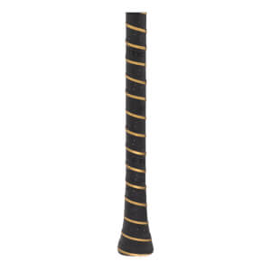 Close-up of a black baseball bat grip with gold spiral stripes, perforated texture, and visible WARSTIC branding.