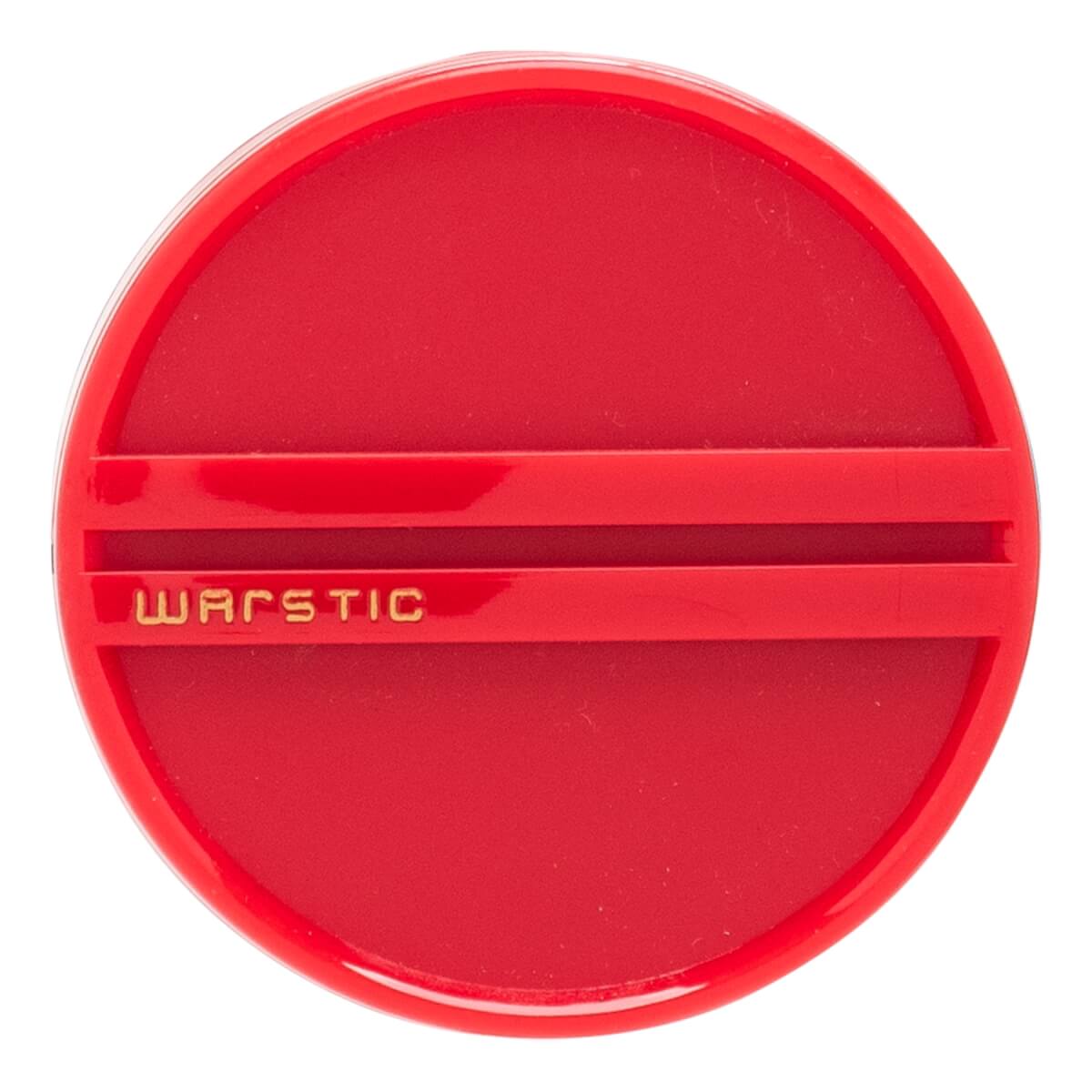 Top-down view of a red baseball bat end cap with two horizontal raised lines and WARSTIC in gold text.