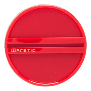 Top-down view of a red baseball bat end cap with two horizontal raised lines and WARSTIC in gold text.