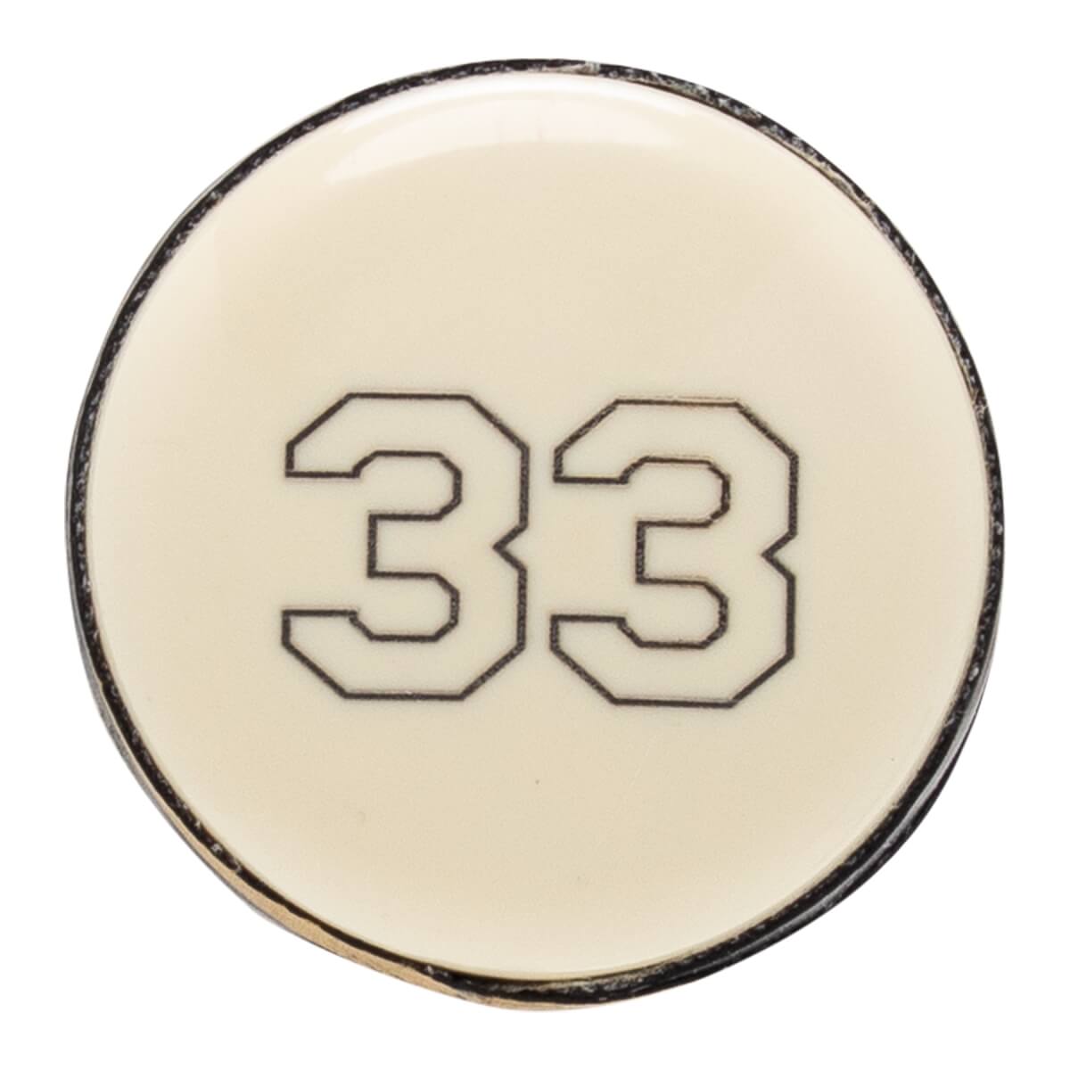 Top-down close-up of an off-white baseball bat end cap with the number 33 printed in black.
