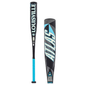 Side view of a black baseball bat with light blue grip, Louisville Slugger on handle, and a barrel with ATLAS and geometric pattern.