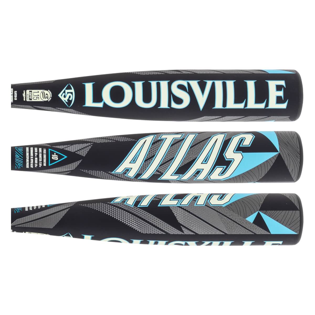 Side view of black baseball bat with LOUISVILLE and ATLAS text, and light blue geometric patterns.