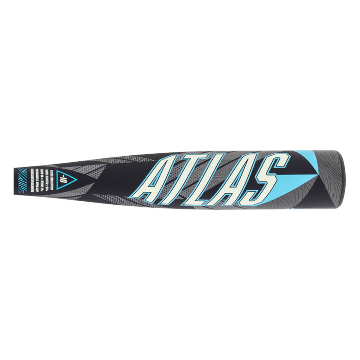 Side view of a black baseball bat with ATLAS in light blue, geometric grey patterns, and a -10 mark.