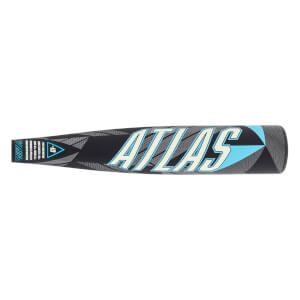 Side view of a black baseball bat with ATLAS in light blue, geometric grey patterns, and a -10 mark.