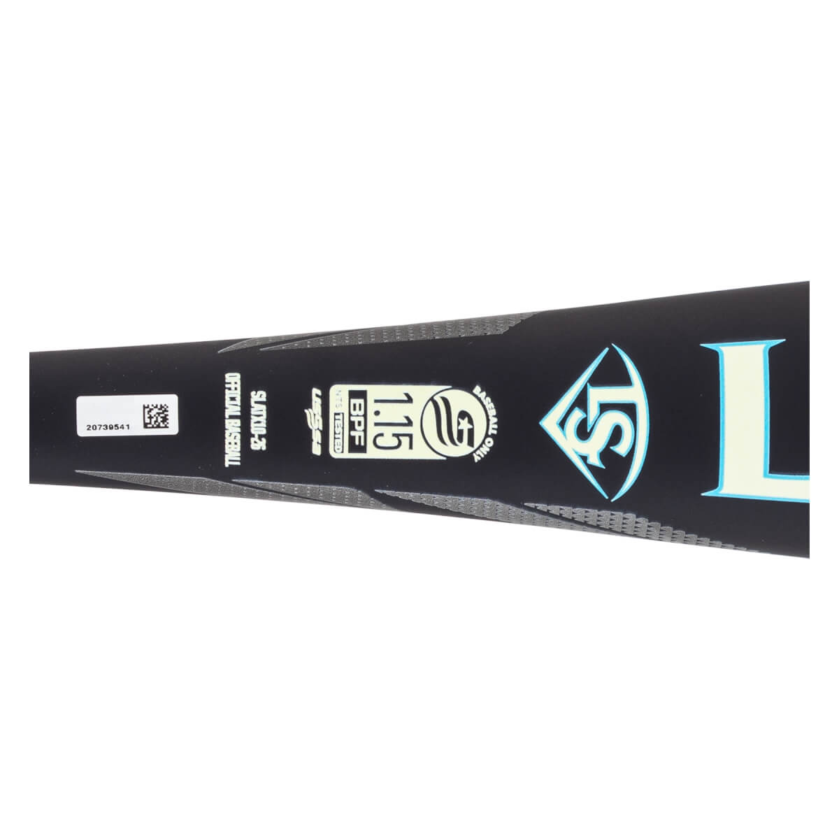 Close-up of the black barrel of a baseball bat with a light blue Louisville Slugger logo and white BPF 1.15 stamp.