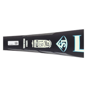 Close-up of the black barrel of a baseball bat with a light blue Louisville Slugger logo and white BPF 1.15 stamp.