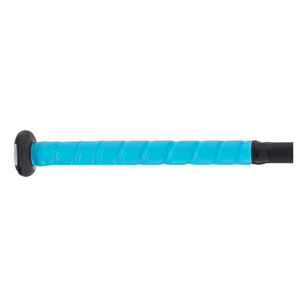 Close-up side view of a bright blue baseball bat grip with a textured spiral pattern and black knob.
