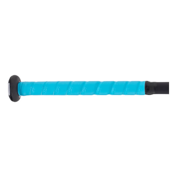 Close-up side view of a bright blue baseball bat grip with a textured spiral pattern and black knob.