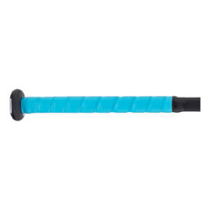 Close-up side view of a bright blue baseball bat grip with a textured spiral pattern and black knob.
