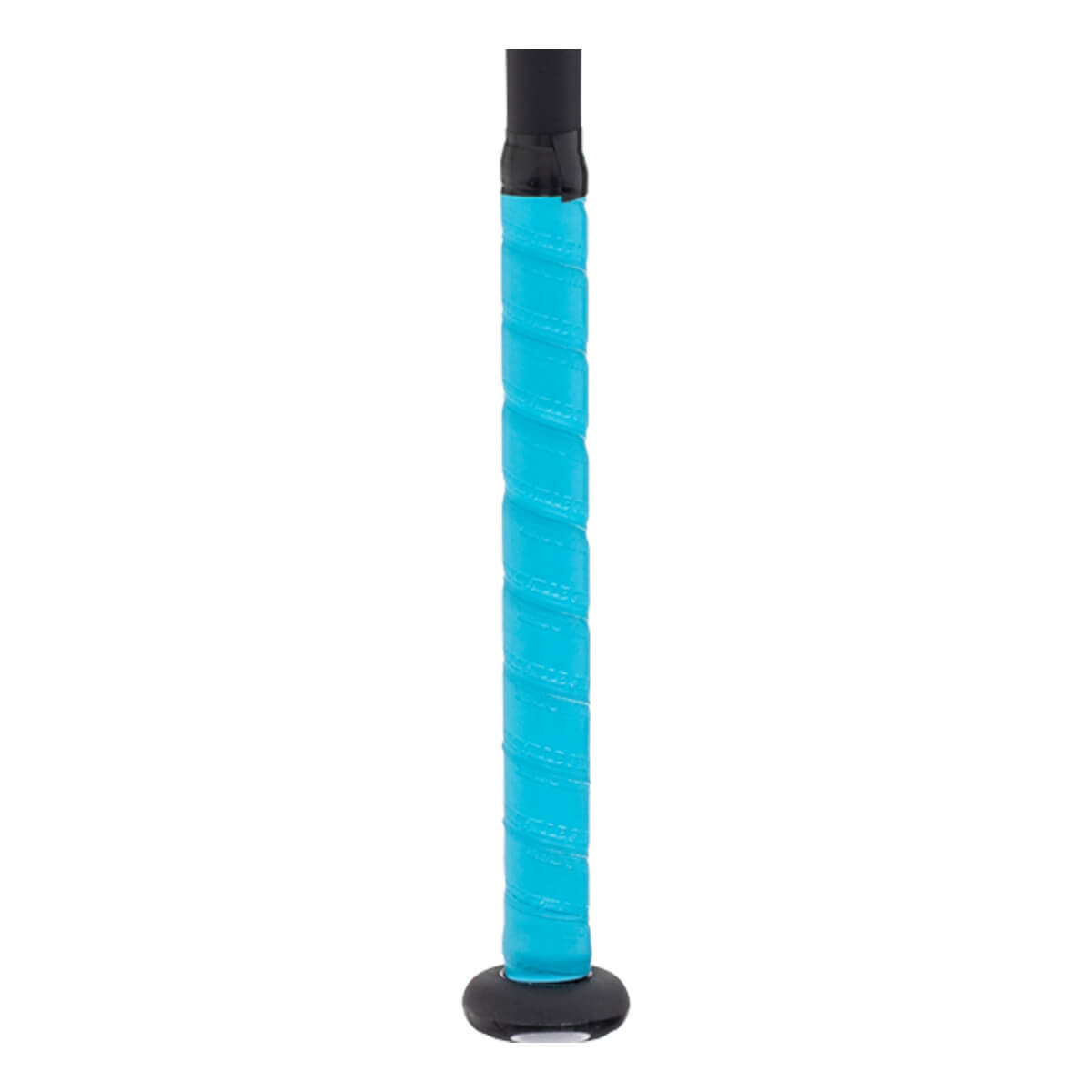 Close-up of a bright blue baseball bat handle with spiraled grip tape, a black knob, and black tape at the top.