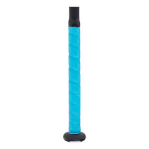 Close-up of a bright blue baseball bat handle with spiraled grip tape, a black knob, and black tape at the top.