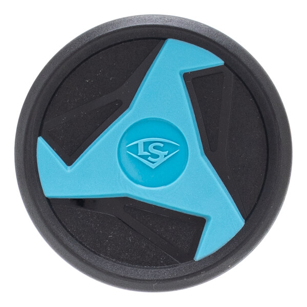 Top-down view of a black and blue baseball bat end cap with a central LS logo and three radiating blue shapes.