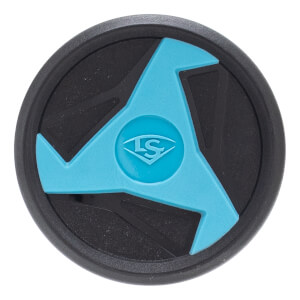 Top-down view of a black and blue baseball bat end cap with a central LS logo and three radiating blue shapes.