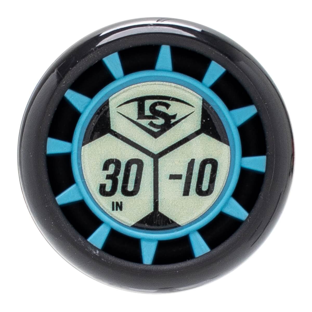 Top-down view of a black baseball bat end cap with a light blue ring, light green center, and LS logo, 30 IN, and -10 text.