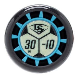 Top-down view of a black baseball bat end cap with a light blue ring, light green center, and LS logo, 30 IN, and -10 text.