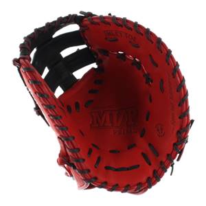 Interior view of a red first base mitt with black lacing, MVP PRIME logo, and INLET TOE text.
