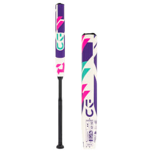Side view of a white DeMarini CF-10 Fastpitch Softball Bat with vibrant geometric patterns and a black grip.