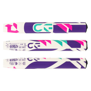 Multiple top-down views of a white, purple, pink, and teal DeMarini CF-10 softball bat with a large CF logo and geometric patterns.