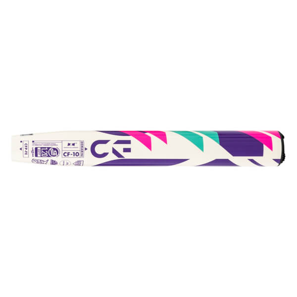 Side view of a white DeMarini fastpitch softball bat with a purple CF logo and geometric pink/teal accents.