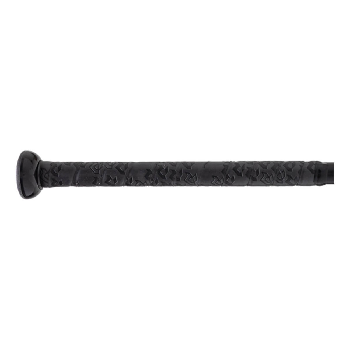 Close-up side view of a black fastpitch softball bat handle with a textured grip featuring a repeating R pattern and knob.