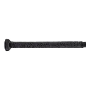 Close-up side view of a black fastpitch softball bat handle with a textured grip featuring a repeating R pattern and knob.