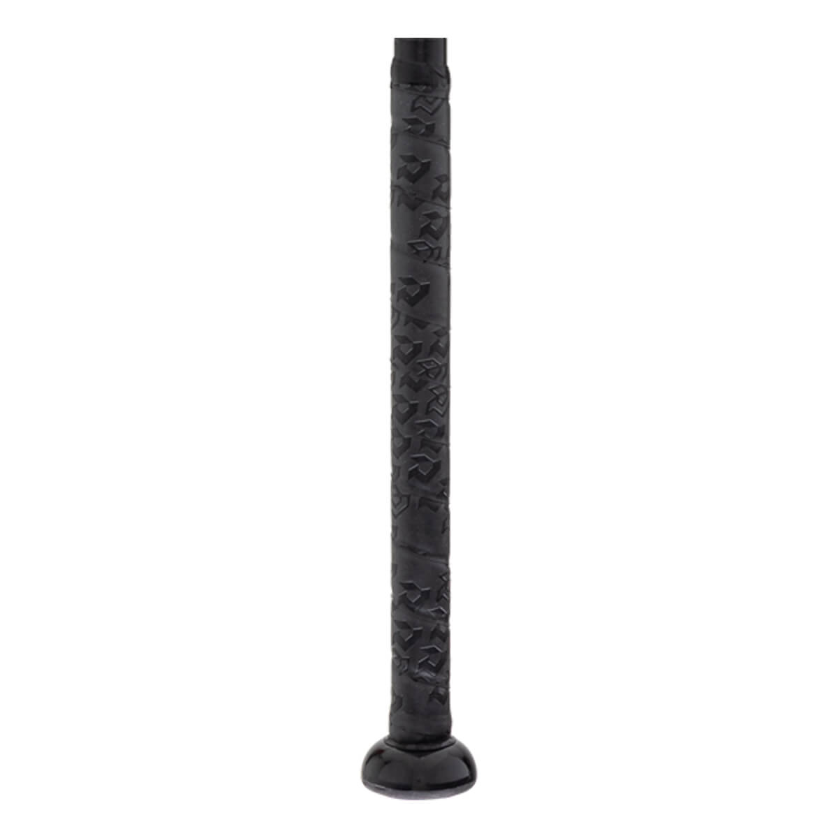 Close-up of a black fastpitch softball bat handle with a textured grip and a rounded knob.