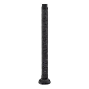 Close-up of a black fastpitch softball bat handle with a textured grip and a rounded knob.