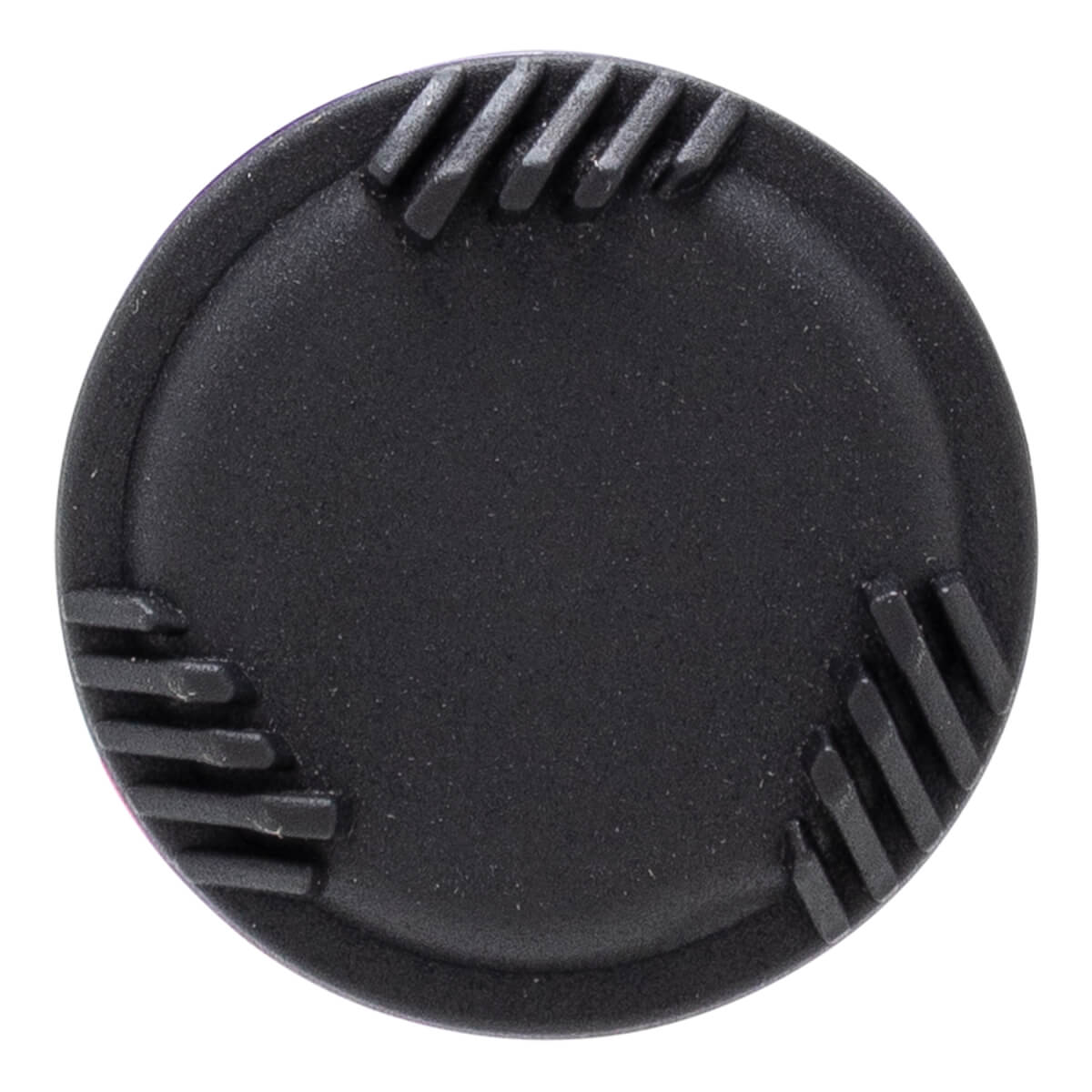 Top-down close-up of a black bat end cap with a textured center and three sections of raised diagonal ridges.
