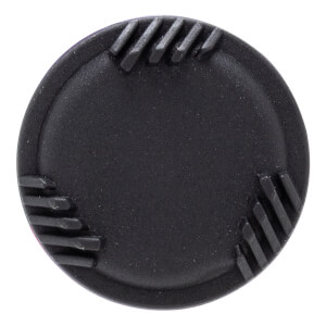 Top-down close-up of a black bat end cap with a textured center and three sections of raised diagonal ridges.