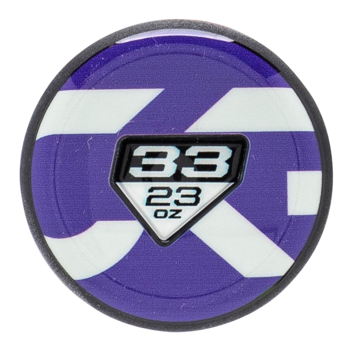 End cap view of a purple and white fastpitch softball bat with a diamond insert showing 33 23 OZ and geometric patterns.
