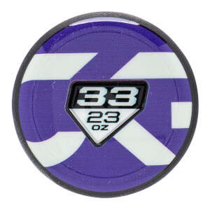 End cap view of a purple and white fastpitch softball bat with a diamond insert showing 33 23 OZ and geometric patterns.