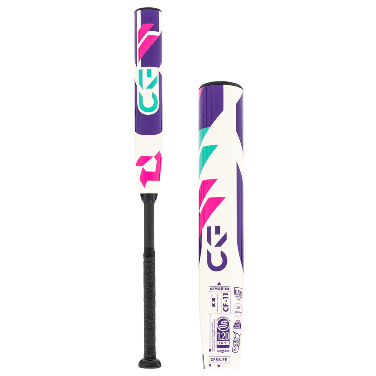 Front view of a white fastpitch softball bat with purple, pink, teal geometric graphics, CF logo, and black grip.