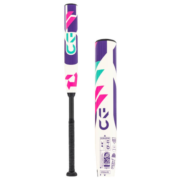 Front view of a white fastpitch softball bat with purple, pink, teal geometric graphics, CF logo, and black grip.