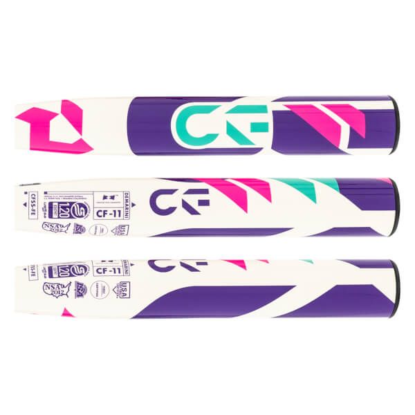 Side view of a white fastpitch softball bat with purple, pink, and teal geometric patterns, prominent CF logo, and CF-11 text.