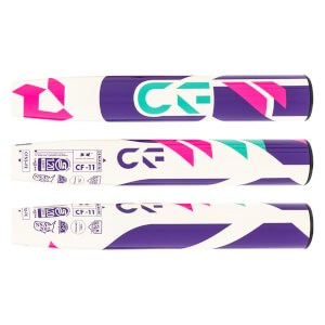 Side view of a white fastpitch softball bat with purple, pink, and teal geometric patterns, prominent CF logo, and CF-11 text.