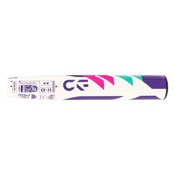 Side view of a white DeMarini CF-11 fastpitch softball bat with purple CF logo and geometric pink, teal, and purple patterns.