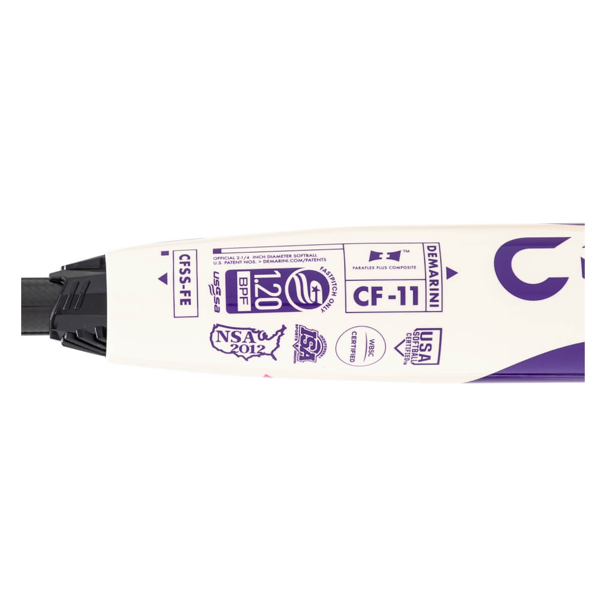 Close-up of a white DeMarini CF-11 fastpitch softball bat with purple CF-11 text, certification stamps, and a black connection piece.