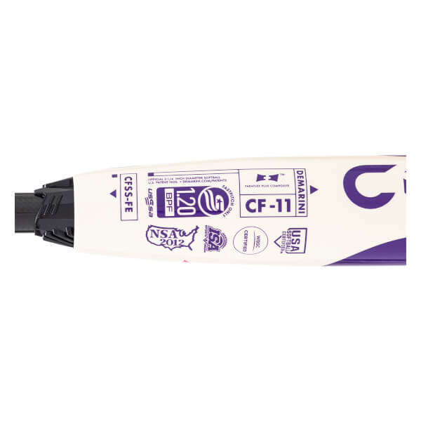 Close-up of a white DeMarini CF-11 fastpitch softball bat with purple CF-11 text, certification stamps, and a black connection piece.