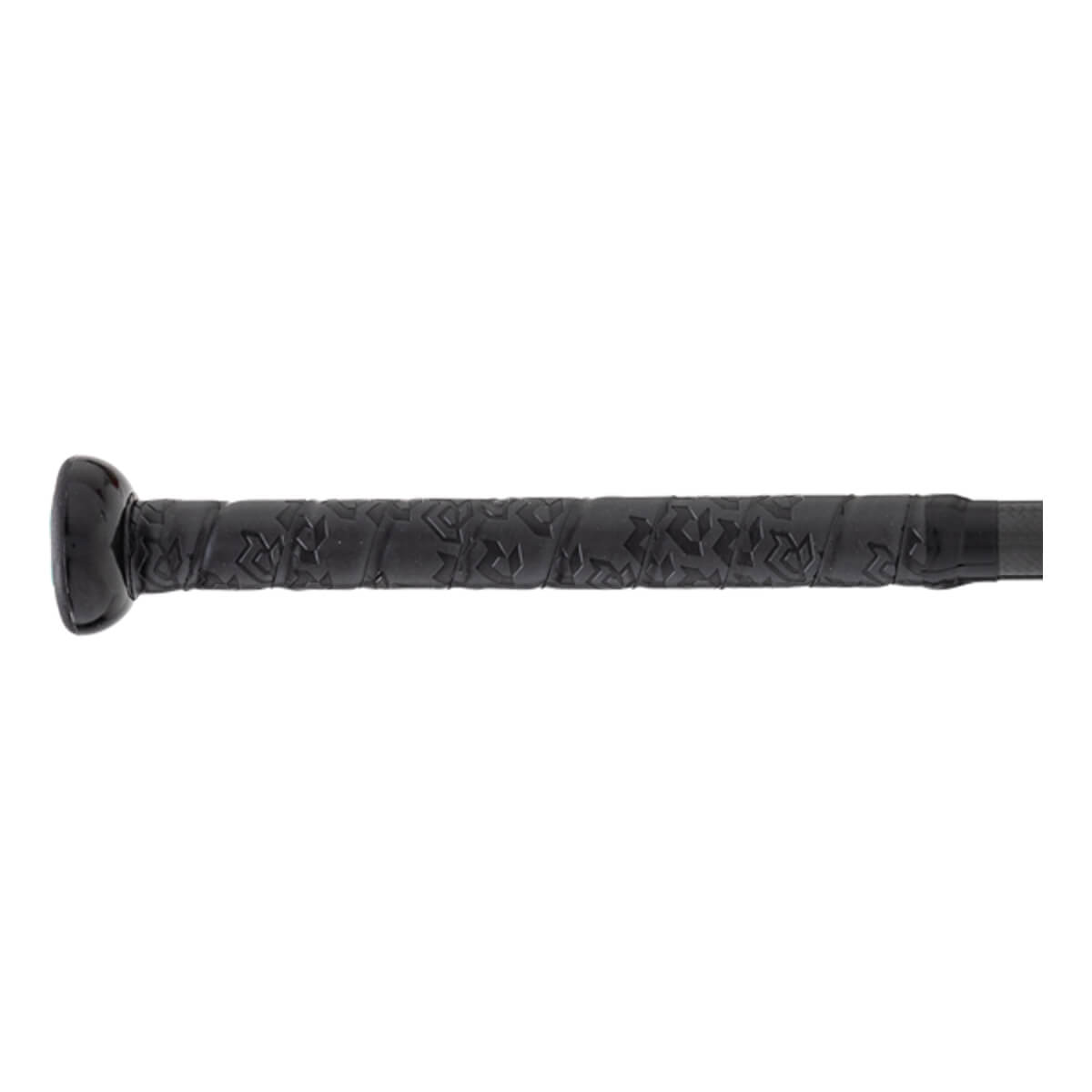 Close-up of the black bat handle with a textured grip tape featuring a repeating R pattern and a rounded knob.