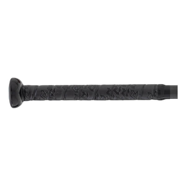 Close-up of the black bat handle with a textured grip tape featuring a repeating R pattern and a rounded knob.