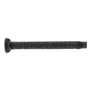 Close-up of the black bat handle with a textured grip tape featuring a repeating R pattern and a rounded knob.