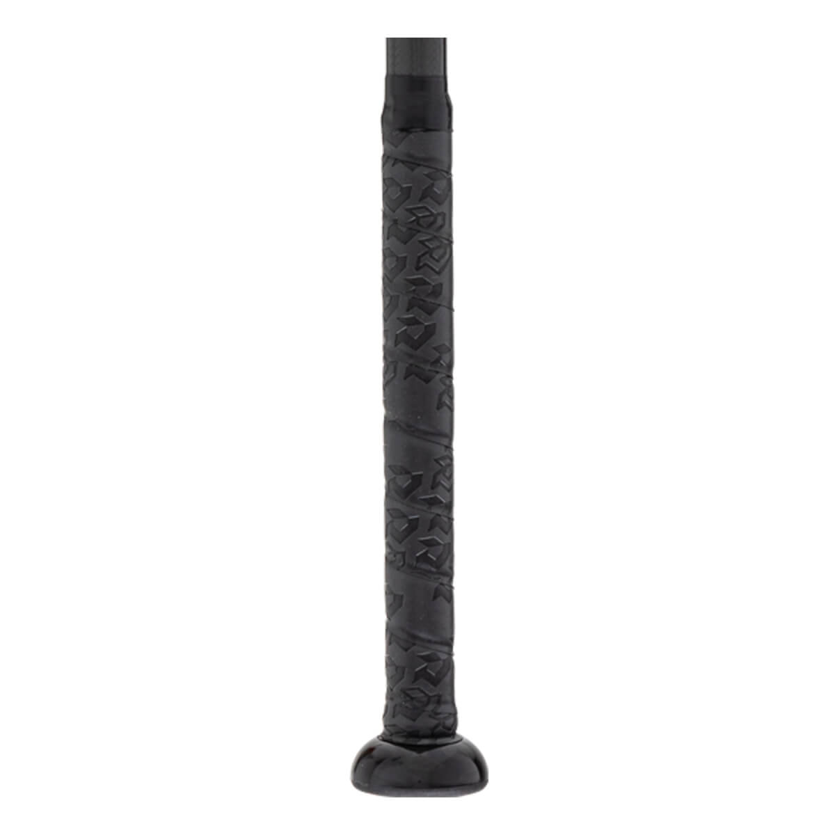 Close-up of a black softball bat handle with textured grip tape and a black knob.