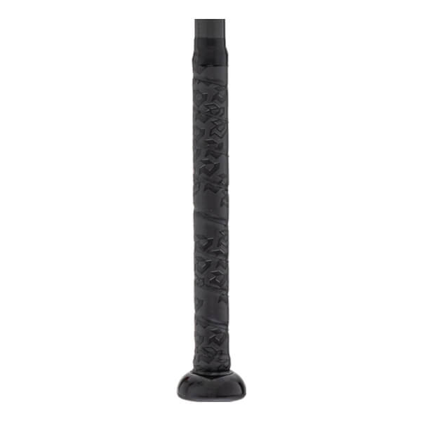 Close-up of a black softball bat handle with textured grip tape and a black knob.