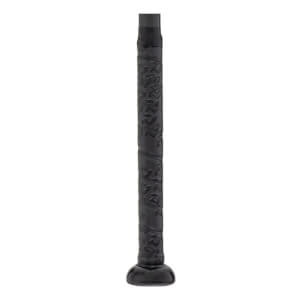 Close-up of a black softball bat handle with textured grip tape and a black knob.