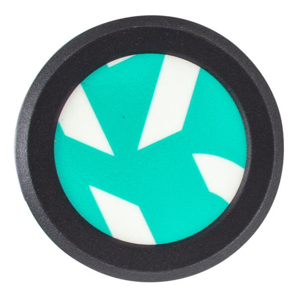 Close-up of a black bat end cap with a textured rim, circular teal center, and white abstract geometric pattern.