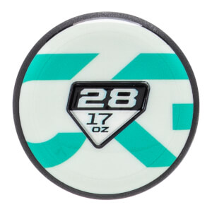 Top-down view of a white and teal geometric fastpitch softball bat end cap with 28 17 OZ on a black emblem.