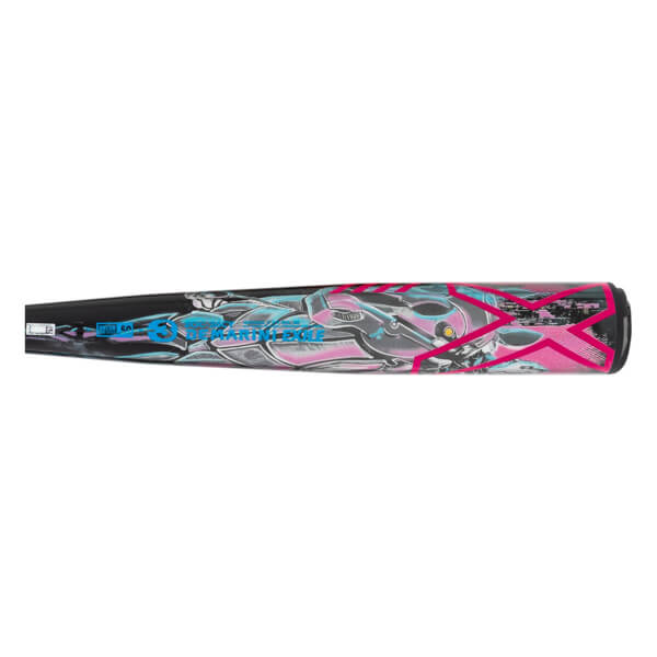 Side view of a black baseball bat with pink and light blue cyborg graphics, DeMarini and BBCOR visible.