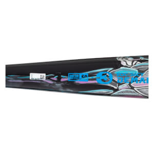 Close-up of a black baseball bat with a blue BBCOR stamp, DeMarini text, and abstract scale graphics in blue and pink.